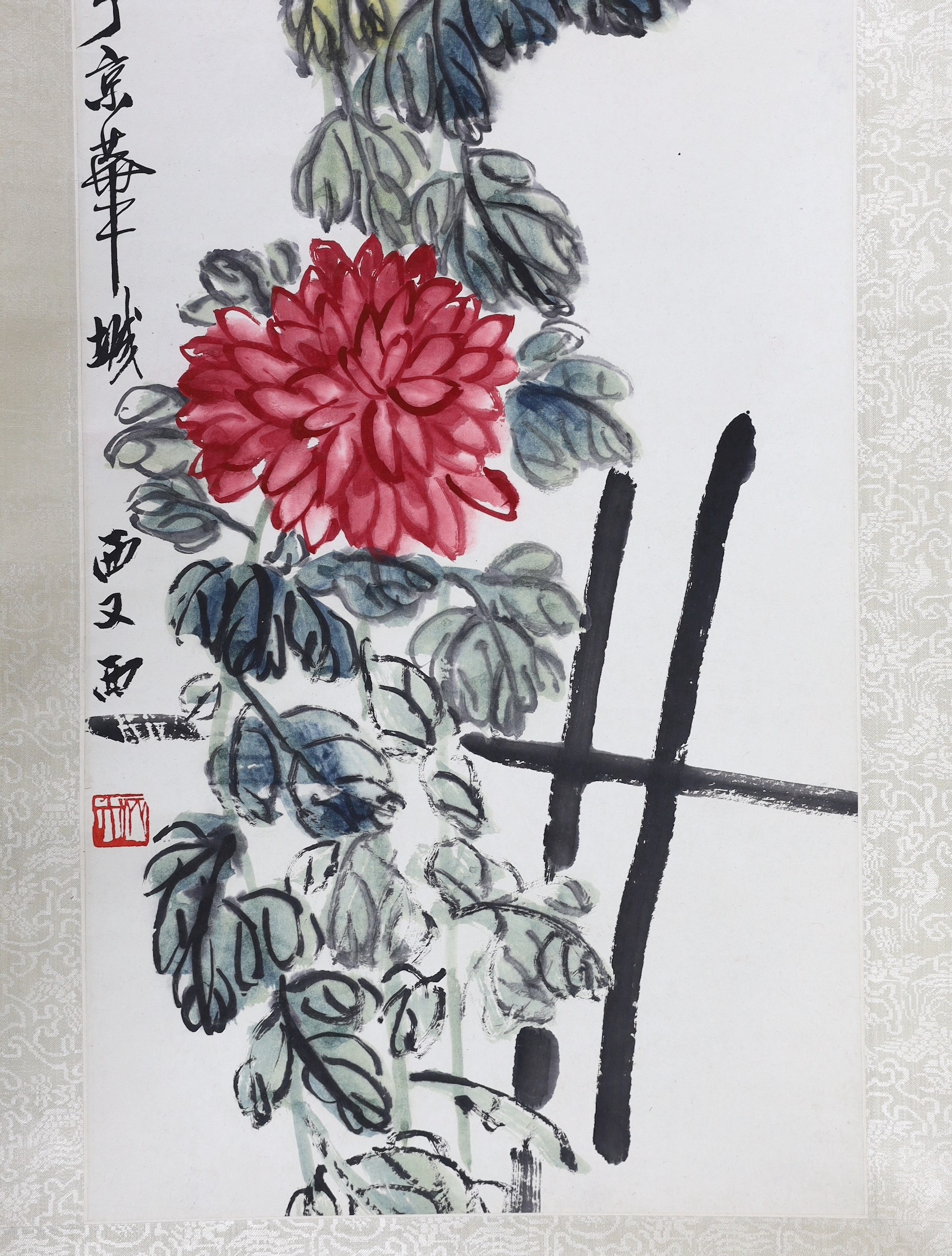 Qi Baishi (1864-1957), Bee and chrysanthemums, ink and colour on paper scroll painting, inscribed and with seal mark, Image 101cm x 33cm